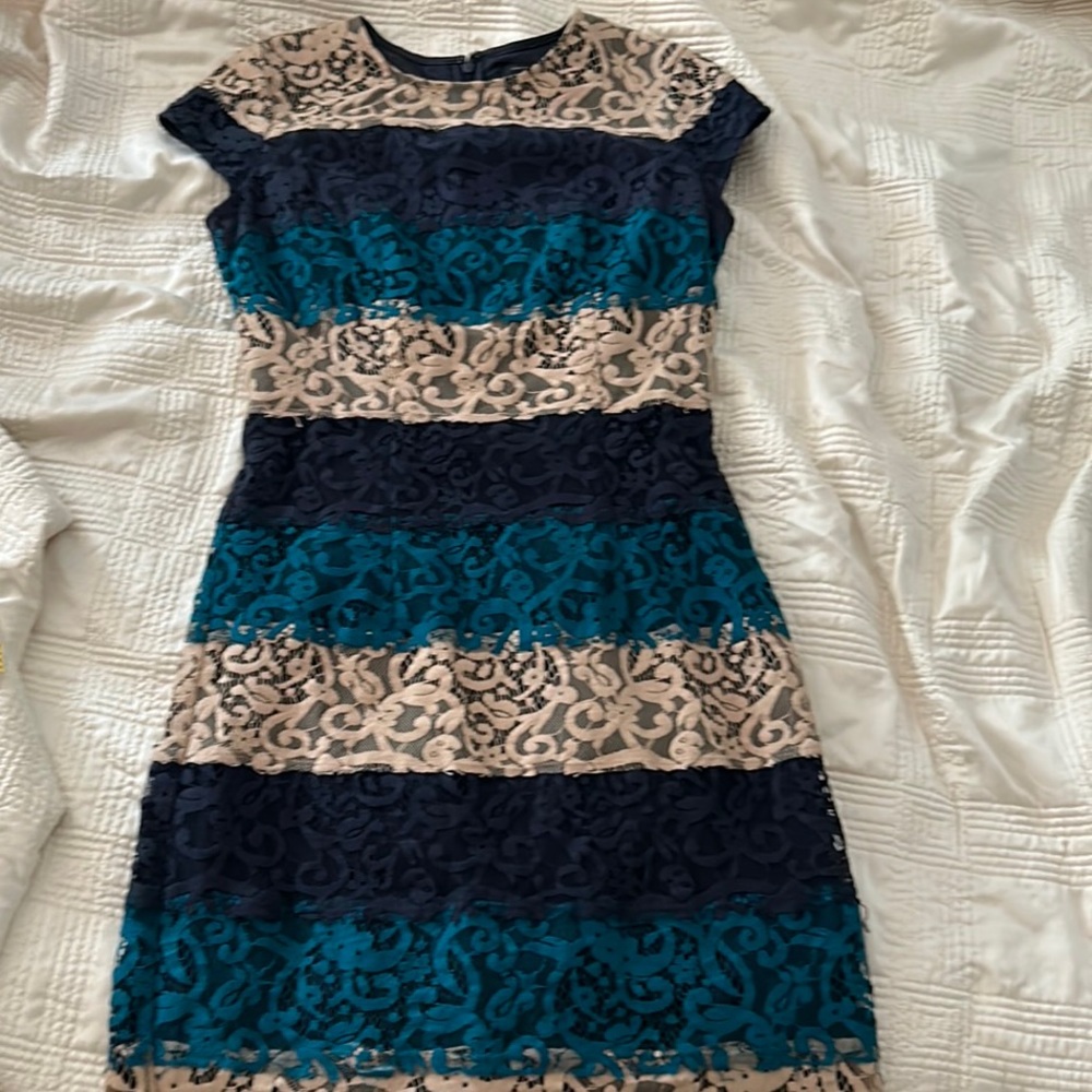 Ann Taylor Color Block Lace Dress with Cap Sleeves